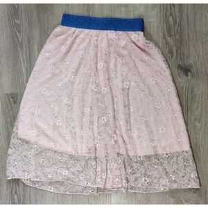 LuLaRoe Womens Size XS Lola Skirt Light Pink Floral Lace Blue‎ Waistband Lined